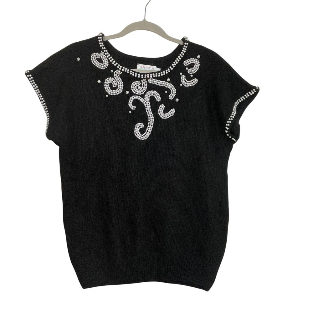 Extra Energy Vintage Black Silk Angora Pearl Beaded Short Sleeve Sweater‎ M